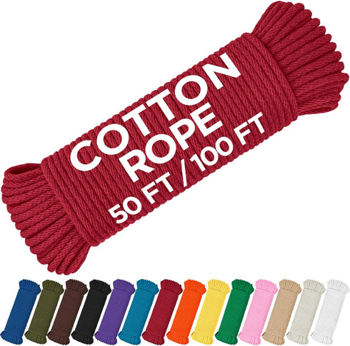TECEUM 50 FT Cotton Rope 3/16 (5 mm) - Strong Braided Rope for Crafting, Camping, DIY, Indoor & Outdoor Use, Red