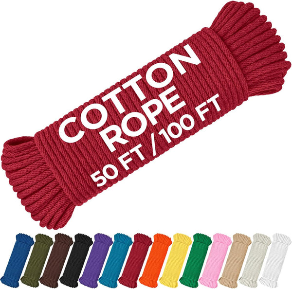 TECEUM 50 FT Cotton Rope 3/16 (5 mm) - Strong Braided Rope for Crafting, Camping, DIY, Indoor & Outdoor Use, Red