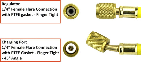 Refrigeration Hose - 60" (150cm) - Working Pressure: 800 PSI -1/4" Female Flare Brass Knurled Fittings with PTFE Gasket Seats - 45 Angle Connector. by SA