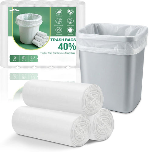Offroaderman 10 Gallon White Trash Bags, 84 Count (5 Rolls) | Large, Flat