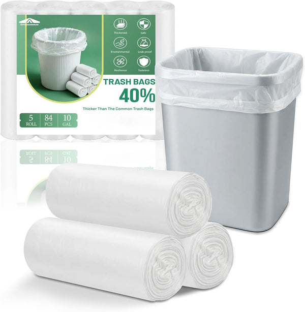 Offroaderman 10 Gallon White Trash Bags, 84 Count (5 Rolls) | Large, Flat