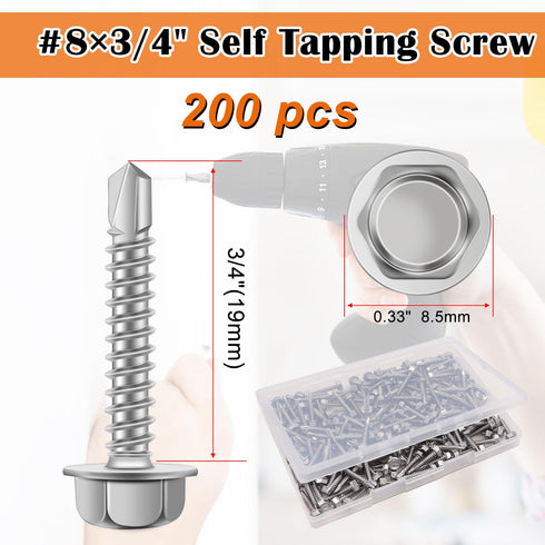 weideer 200pcs #8×3/4" Self Tapping Screws - 410 Stainless Steel Hex Washer Head Self Drilling Screws with Screwdriver