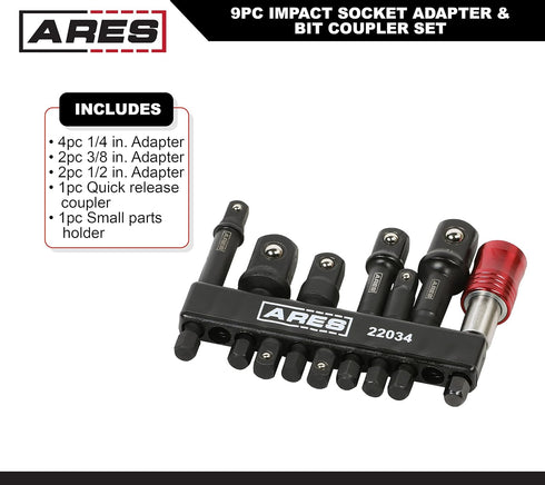 ARES 22034 9-Piece Impact Grade Socket Adapter and Bit Coupler Set - Turns Impact Drill Driver into High Speed Socket Driver - 1/4-Inch, 3/8-Inch, and 1/2-Inch Drive Quick Release Bit Coupler by ARES