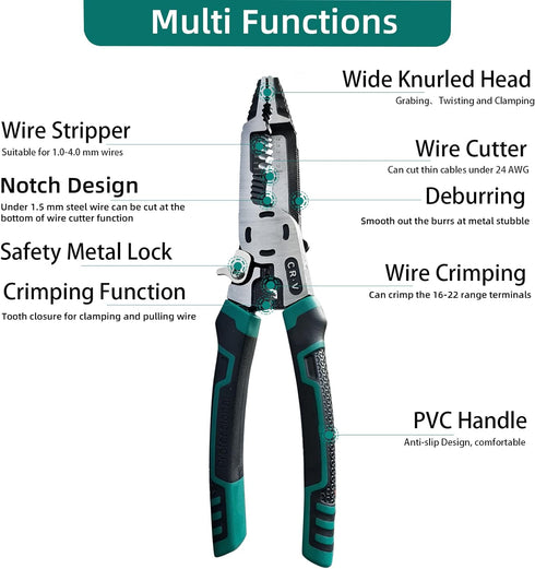 10-in-1 Wire Stripper Tool,Wire Strippers,Cable Cutters,CR-V Multifunctional Plier with Wire Stripper Crimper Side Cutter, Shearing,Screw Gripping Pliers for Electric Cable