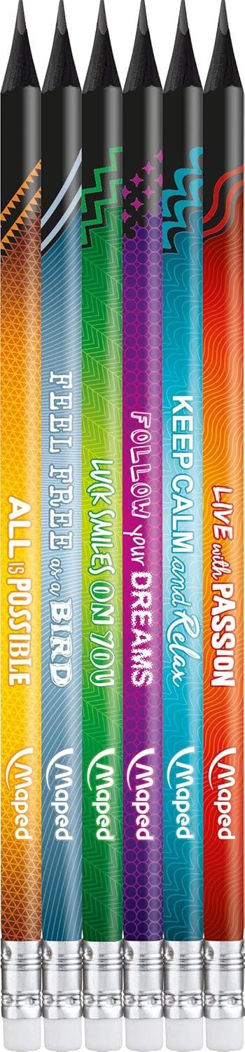 Maped 852000 Ergonomic Three-Sided Pencils Black'Peps Energy with Eraser Head, Pack of 6