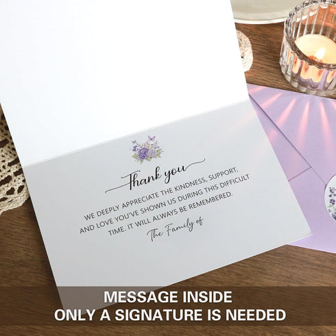 Set 50, 4x6In Funeral Thank You Cards with Envelopes, of Purple Watercolor Butterfly Floral Design Message Inside