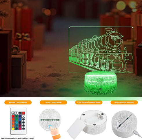 JYDZMYYM 3D 16 LED Steam Train Night Light with Remote Control, Color Changing Illusion Lamp, USB Powered, Touch