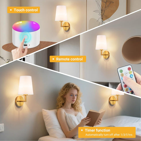 Set 2, 10000mAh Dimmable Battery Operated Wall Sconces of Rechargeable Wall Lights with Remote, RGB LED Sconce Lighting