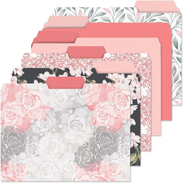 Charcoal & Coral File Folders Value Pack, Set of 24 with 1/3 Cut Staggered Tabs, Bright Colorful Designs