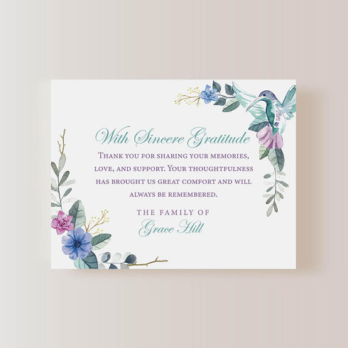 Hummingbird 5.5x4.25 Personalized Sympathy Thank You Cards, Funeral Thank You Cards, Bereavement Notes with Envelopes