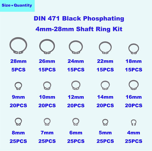 290PCS External Retaining Ring C-Clips Assortment Kit in Black Alloy Steel
