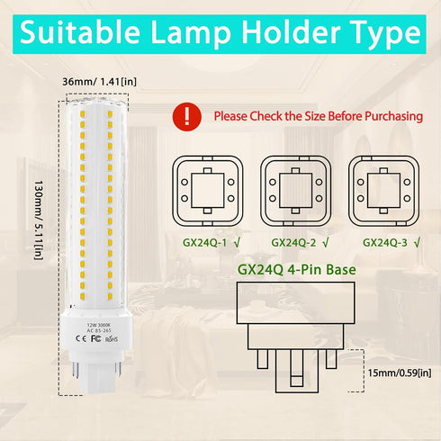Gx24q/G24q 4-Pin Base Light Bulbs, 12W Gx24 LED PL Recessed Lights, Daylight 6000K 26W CFL Replacement for Ceiling Light Downlight Wall Sconce, 4-Pack (Remove/Bypass The Ballast) by Lustaled