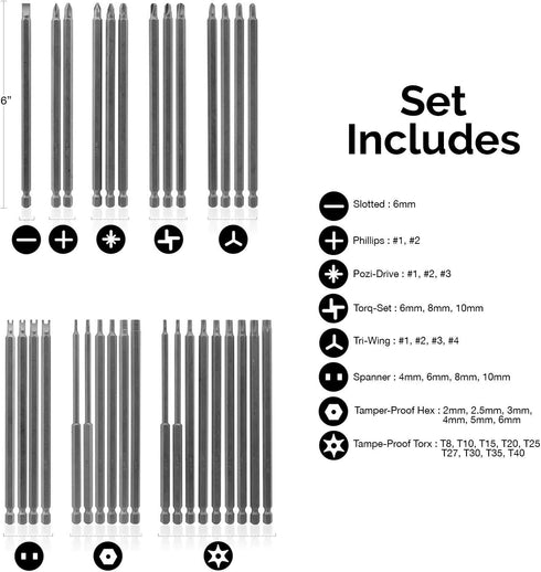 NEIKO 10224A 32 Piece Extra Long Security Bit Set, 1/4" S2 Steel 6” Long Torx, Tamper Proof, PoziDriv, Spanner, Tri-Wing