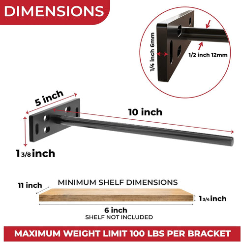Set 4 (1/4 inch (10 inch of Floating Shelf Brackets Heavy Duty Thick Baseplate) Painted Black Mild Steel/Bracket