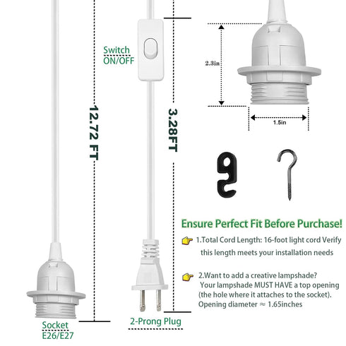 16Ft E26/E27 Bulb 2 Pack, Plug in Pendant Light Socket Kit - Hanging Light Lantern Cord Lamp Kit, Socket Extension Cord