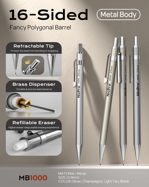 Nicpro 4 Pack Metal Mechanical Pencil Set, 0.9mm, 8 Tubes HB #2 Lead Refill, Case Included