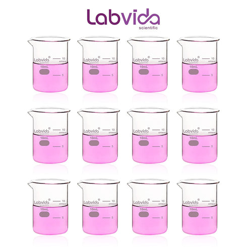 Upgrated 10ml Beaker set, 12pcs of beaker shot glasses, Low Form Glass Beakers set, 3.3 Boro with Printed Graduation, LVA036