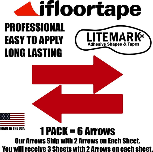 LiteMark Large Red Arrow Stickers 651 Durable Gloss Finish Decal - Floors, Walls, Signs (Pack of 6 Arrows)