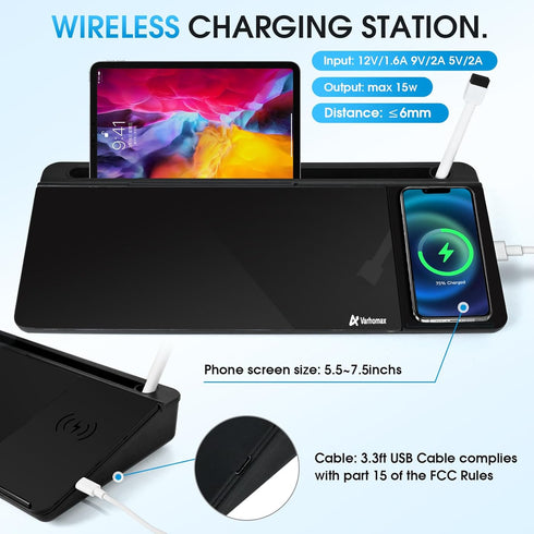 Varhomax Black Glass Desk Whiteboard with Wireless Charger, Desktop Dry Erase Board, Memo Notepad for Home Office