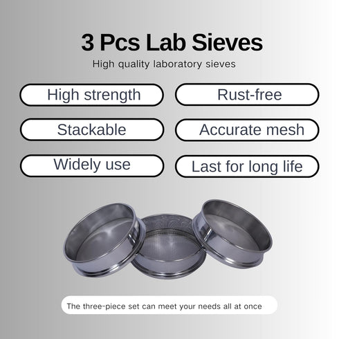 3 Pcs Lab Sieves, 6 Inch Diameter Test Sifter 10Mesh (2.19mm), 80Mesh (0.217mm), and 200 Mesh (0.077mm)