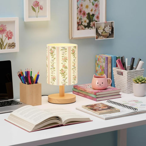 VIHOSE Pink Floral Kids Table Lamp for Bedroom Kids Bedside Lamp with Linen Wooden Nightstand Cartoon Nursery Lampshade