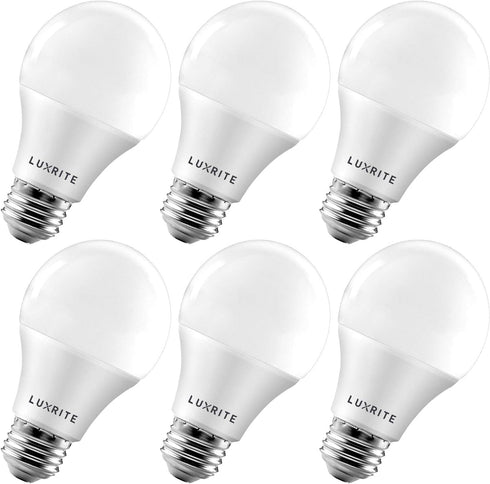 LUXRITE A19 LED Bulb, 60W Equivalent, 6 Pack, 3500K Natural White, 800 Lumens, Dimmable, E26 Medium Base