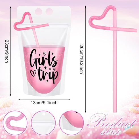 24 Sets Seematn Girls Trip Drink Pouch Bags with Straws, Girls Weekend Getaway Drink Holders Reusable Travel Juice Bag