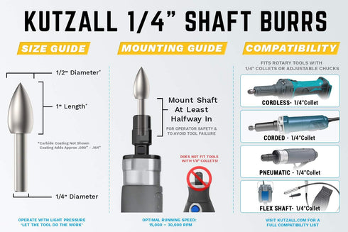 Kutzall Original Flame Rotary Burr, Fine, 1/4" Shaft, Wood Carving Bit for Bosch, DeWalt, Milwaukee