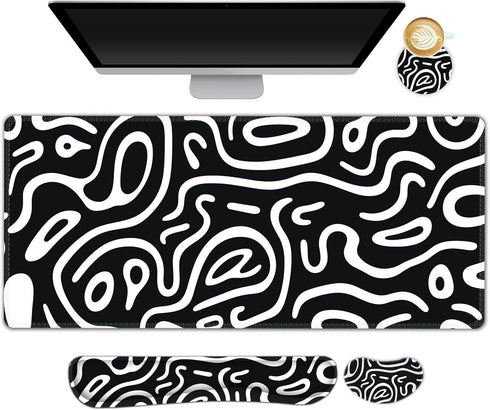 Large Gaming Mouse Pad Set: 4 in 1 Extended Desk Mat with Wrist Rest Pad, Non-Slip Protector for Home Office-Topographic