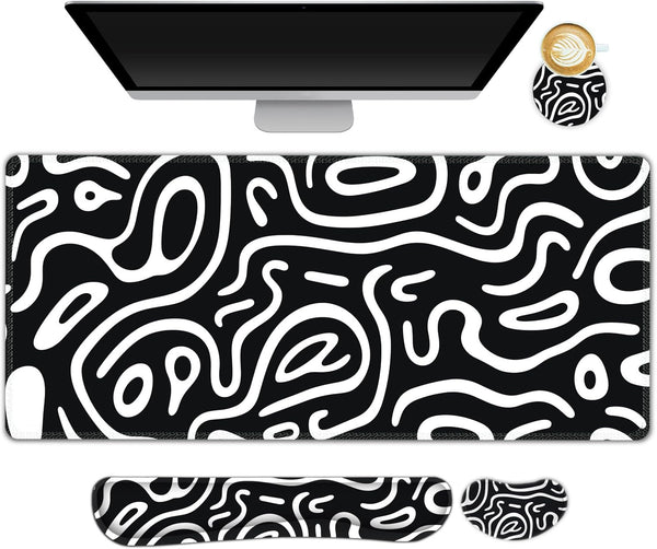 Large Gaming Mouse Pad Set: 4 in 1 Extended Desk Mat with Wrist Rest Pad, Non-Slip Protector for Home Office-Topographic