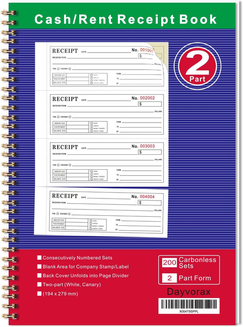 Dayvorax Money and Rent Receipt Books - Receipt Book with 2 Part Carbonless