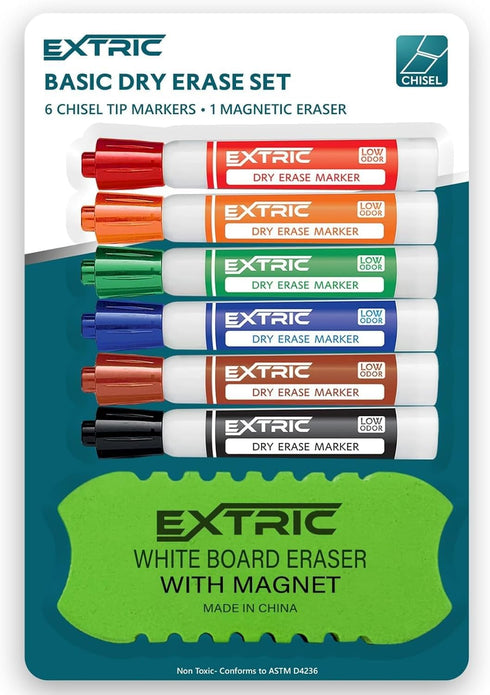 Bundle of 6 White Board Dry Erase Markers, Chisel Tip, with Eraser for Kids and Adults