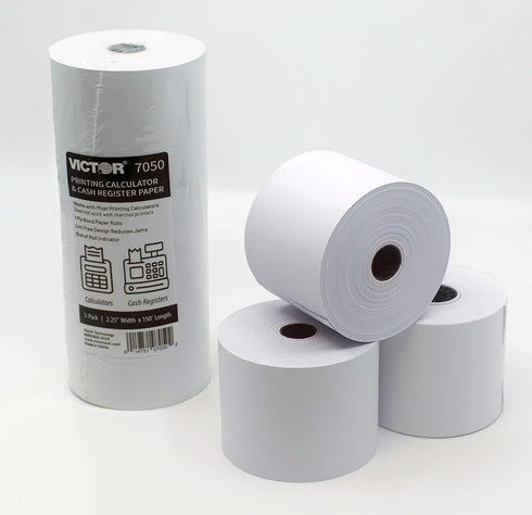 Victor 7050 Compact White Paper Rolls for Handheld and Portable Printing Calculators/Adding Machines 2.25” W x 150' FT