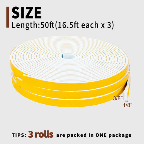 Yotache Weather Stripping Door Seal Strip - White 3/8" x 1/8", 50Ft Total, Foam Insulation Tape Gasket