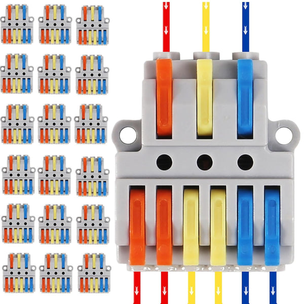 20PCS Lever Wire Connectors, 3 in 6 Out Quick Wire Connectors, Electrical Lever Nuts for AWG 28-12