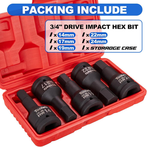 3/4 Inch Set, 5-Piece 14mm-24mm, Set, Toolwiz Drive Impact Hex Bit Metric Cr-Mo Steel, One-Piece Construction