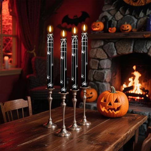 Set 4 Eldnacele Halloween Flameless Flickering Taper Candles with Remote and Timer, Battery Operated Spider Web Decal
