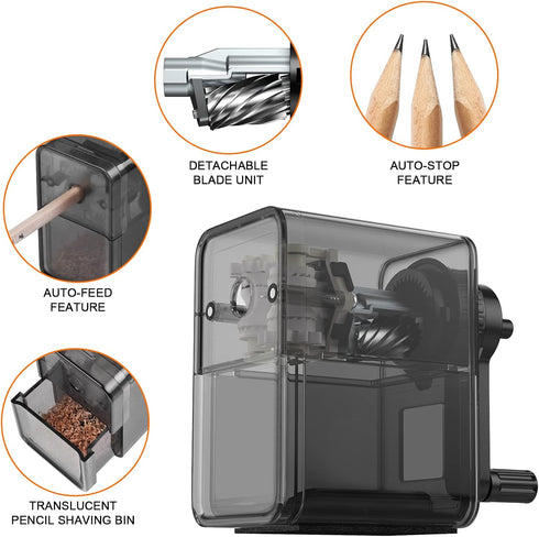 Manual Pencil Sharpener, Black, Stronger Helical Blade for Fast Sharpening, Ideal for Kids and Artists