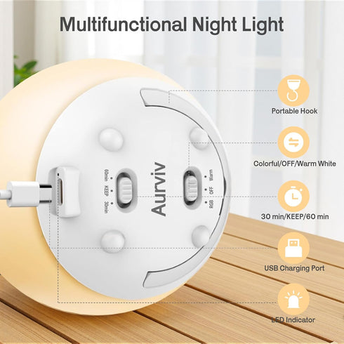 Dimming 7 30/60 Baby Night Light, Rechargeable Touch Control Night Light with Stepless & RGB Color Change, Soft