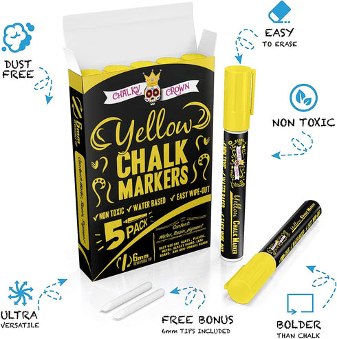 CHALKY CROWN Liquid Chalk Marker Pen, Dry Erase Marker for Chalkboard Signs, 6mm Reversible Tip, Yellow