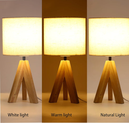YSJUENAII Modern Small Tripod Table Lamp with Wooden Base, White Fabric Shade, Bedside Desk Light (White)