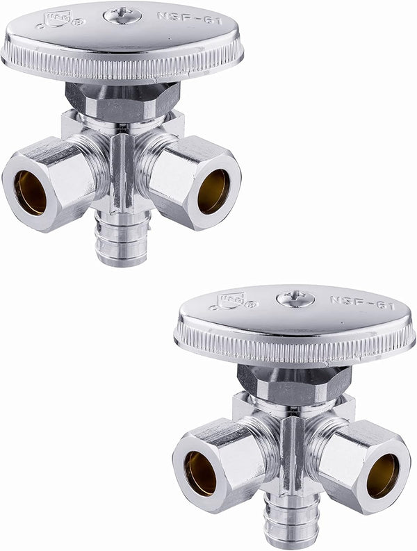 (Pack of 2) EFIELD Dual Outlet Angle Stop Valve, 1/2" Pex-b Crimp Connection Inlet x (3/8 inch x 3/8 inch) Outlet