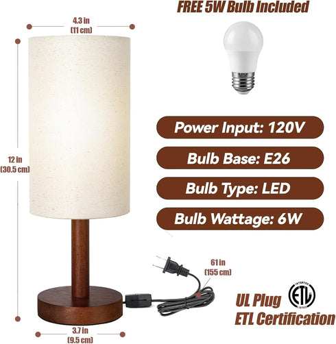 Bulb Wood2) LALISU Small Table Lamp Nightstand Lamp Linen Lampshade Bedroom Wood Base Small Bedside Lamp for Night