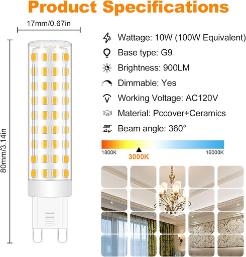 G9 Bulbs Dimmable 10W 3000K, 100W Equivalent,AC120V Dimmable G9 T4 Bulb Light,360Deg(5Pack) No Flicker Led Warm White