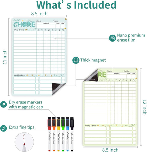 CLEVER CLEAN Magnetic Dry Erase Chore Chart - 8.5"x12" Behavior Responsibility Chore Board for Kids, Teenagers - 6 Extra Fine Point Markers Included - Shipped Flat 2 Pcs Blue & Green by Clever Clean