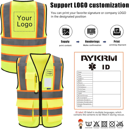7 AYKRM Security Vest for Men Women Pockets High Visibility Reflective Safety Vest Front Zipper Meets ANSI/ISEA