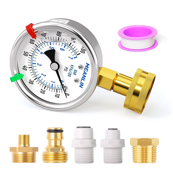 MEANLIN MEASURE 0~100Psi Stainless Steel Frame 3/4" Female Liquid Filled Pressure Gauge Kit with 5 Adapters, 2.5" FACE
