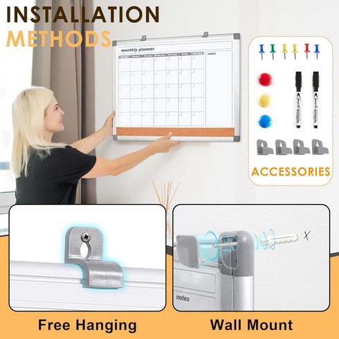 MAKELLO Dry Erase Calendar for Wall, Whiteboard Calendar with Cork Board for Office, Home, School, Family, Kitchen,