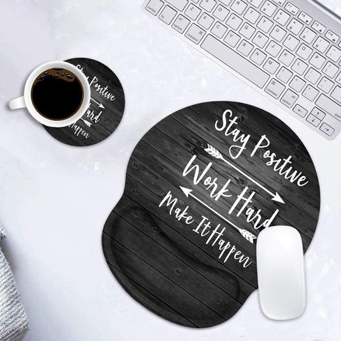 Ergonomic Wrist Mouse Pad with Cup Coaster, Inspirational Quote Art on Rustic Wood, Non-Slip PU Base for Home Office