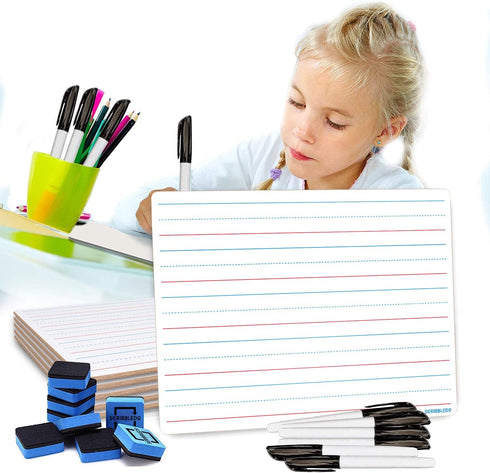 Scribbledo 10 Pack Double Sided Whiteboards, Lined Dry Erase Board for Kids, Handwriting Practice, 9x12, 10 Markers